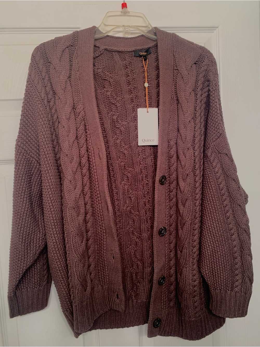 Quince 100% Organic Cotton Oversized Cable Cardigan Heather Brown Size L NWT